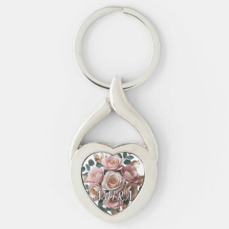 Benutzerdefiniertes Roségold-Blumenmonogramm-Herzs Schlüsselanhänger