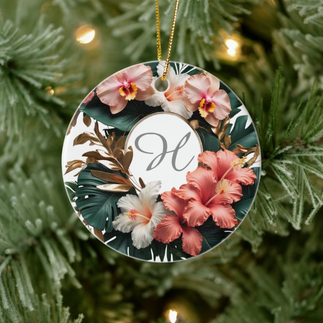 Benutzerdefiniertes Roségold-Blumenmonogramm-Runde Keramik Ornament (Baum)