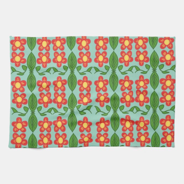 Benutzerdefiniertes rotes Volkskunst-Blumen- und B Geschirrtuch (Horizontal)