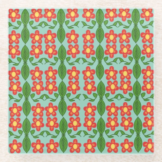Benutzerdefiniertes rotes Volkskunst-Blumen- und B Glasuntersetzer (Vorderseite)
