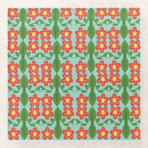 Benutzerdefiniertes rotes Volkskunst-Blumen- und B Glasuntersetzer