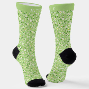 Benutzerdefiniertes Salbeigrün Weiß Blumenmuster Socken
