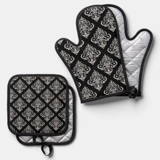 Benutzerdefiniertes Schwarz-Weiß-Damaskusmuster Ofenhandschuh & Topflappen-Set