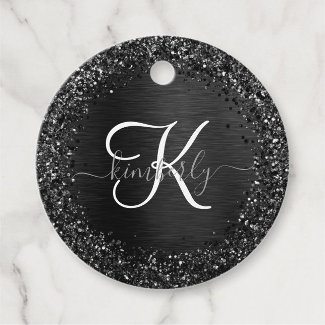Benutzerdefiniertes Schwarzes Glitzer-Sparkon-Mono Geschenkanhänger (Vorderseite)