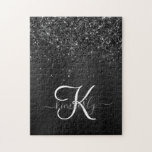 Benutzerdefiniertes Schwarzes Glitzer-Sparkon-Mono Puzzle<br><div class="desc">Dieses trendige,  elegante Puzzle-Design mit hübschem schwarzglänzenden Glitzer auf schwarz gebürstetem metallischem Hintergrund ist einfach zu personalisieren.</div>