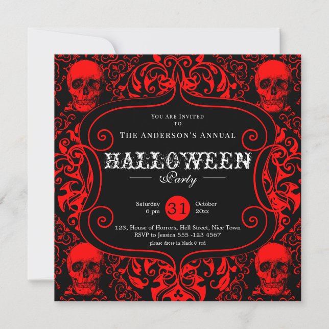 Benutzerdefiniertes schwarzes Red Damask Halloween Einladung (Vorderseite)
