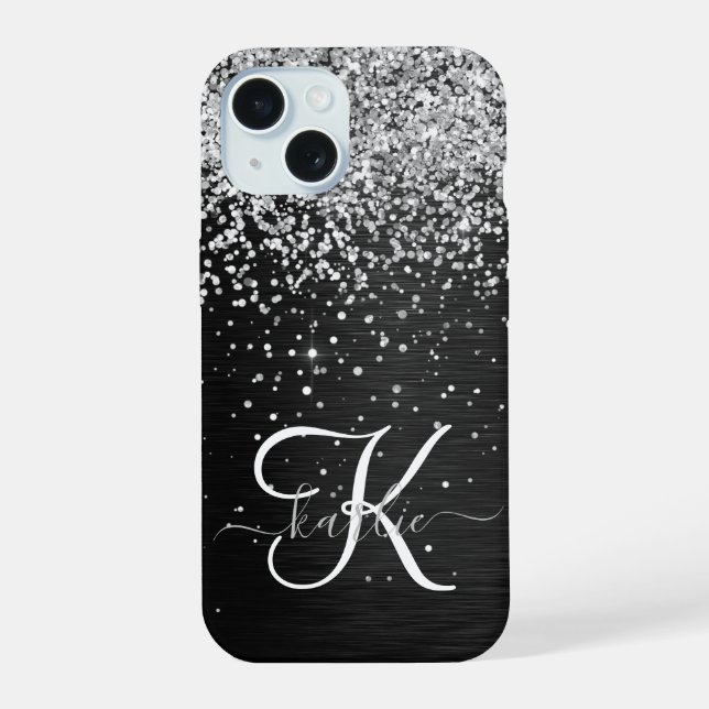 Benutzerdefiniertes Silver Glitzer Black Sparkle M iPhone 15 Hülle (Rückseite)