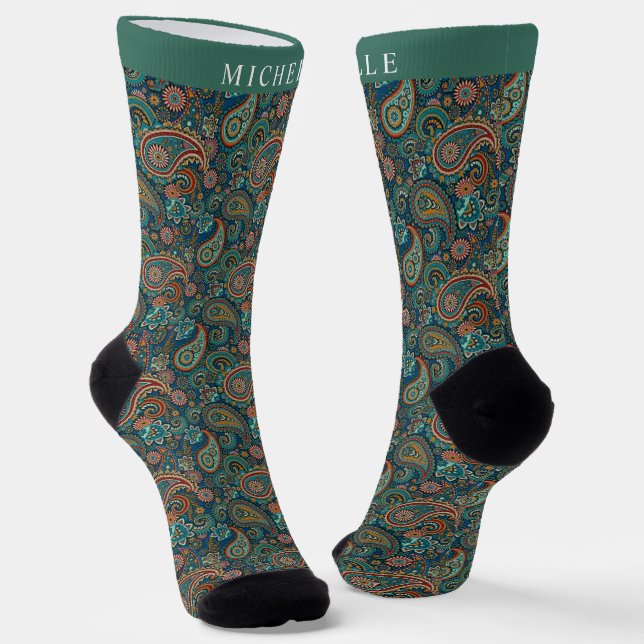 Benutzerdefiniertes Teal Blau Grün Paisley Muster Socken (Gewinkelt)