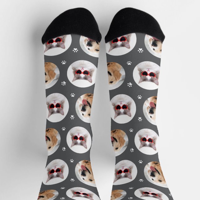 Benutzerdefiniertes Tier 2 Foto Dunkelgraue Paw Pr Socken (Oben)