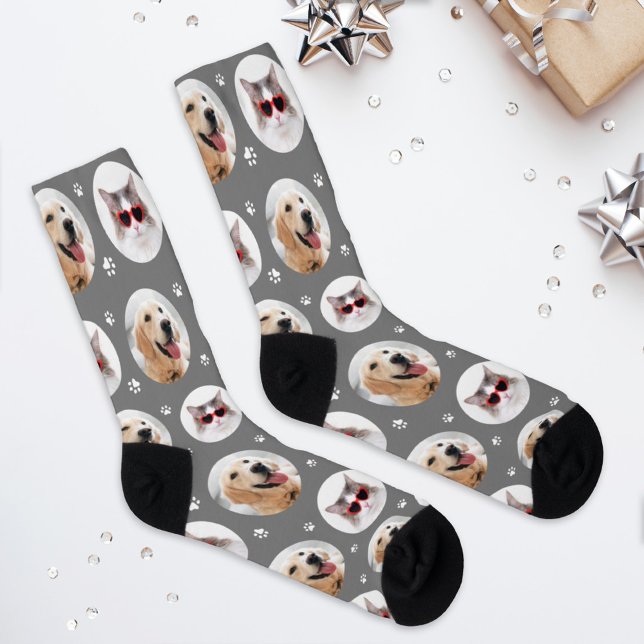 Benutzerdefiniertes Tier 2 Foto Graue Paw Print Socken (Von Creator hochgeladen)