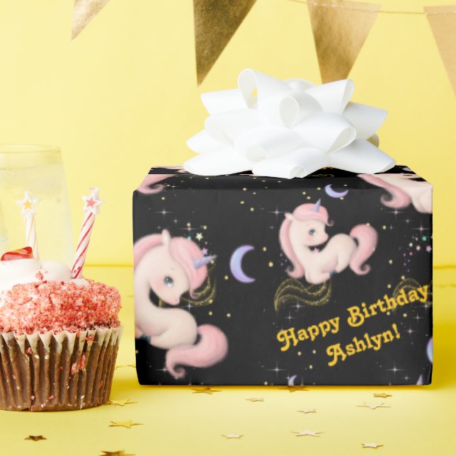 Benutzerdefiniertes verspieltes rosa Einhorn Mädch Geschenkpapier (Geburtstagsparty)