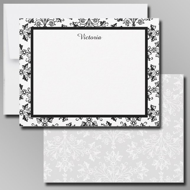 Benutzerdefiniertes Vintages Damasepsmuster Schwar Mitteilungskarte (Elegant editable calling cards with a black on white pattern front, and white on light gray on back.)