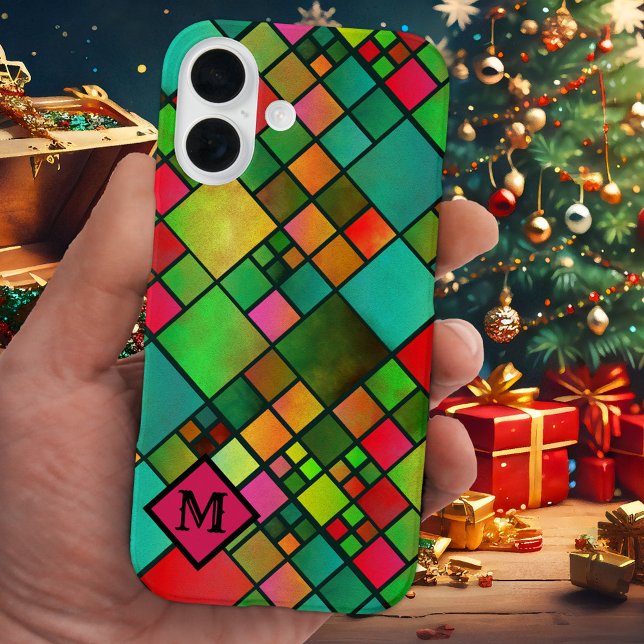Benutzerdefiniertes Weihnachts-Checked Muster Tele Case-Mate iPhone Hülle (Christmas phone case featuring a checkered festive pattern in red and green with your monogram)