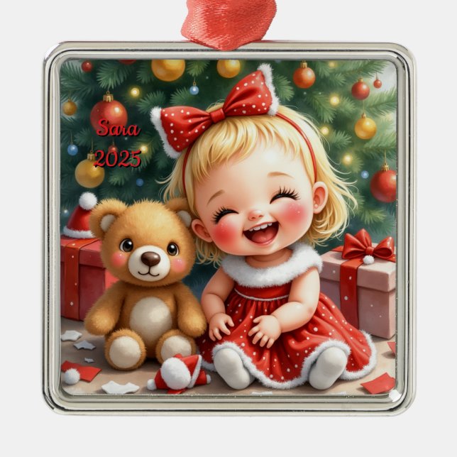 Benutzerdefiniertes Weihnachtsbaby Mädchen Cute Bi Ornament Aus Metall (Vorne)