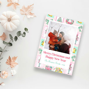 Benutzerdefiniertes Weihnachtsfoto mit rosa und gr Feiertagspostkarte
