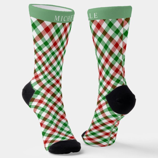 Benutzerdefiniertes Weiß Grün Rot Karomuster Socken (Gewinkelt)
