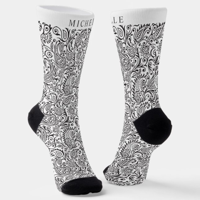 Benutzerdefiniertes Weiß- und Schwarz-Paisley-Must Socken (Gewinkelt)