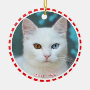 Benutzerdefiniertes weißes Katzenfoto mit rotem un Keramik Ornament