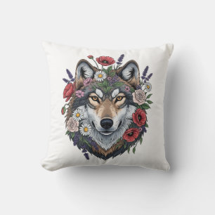 Benutzerdefiniertes Wolf mit floraler Krone Wurfki Kissen