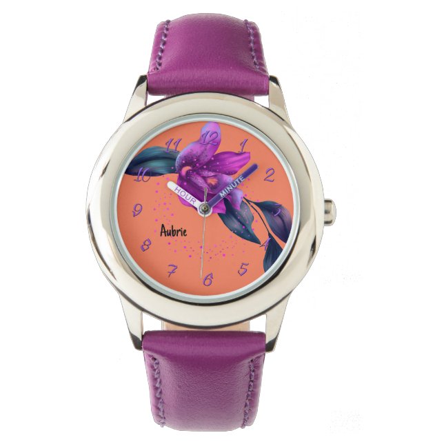 Beobachten Sie mit Lila Orchid auf Orange Armbanduhr (Vorderseite)
