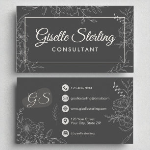 Berater Moody Charcoal Gray Floral Script Visitenkarte