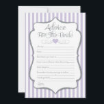 Beratung für das Brautparty Bride Lavender Lilac Hinweiskarte<br><div class="desc">Ratschläge für die Brautkarten in Lavendel und silbergrau. Diese elegante und lustige Brautberatung Dusche Sport-Lilie und weiße Streifen mit silbernen Imitat Glitzer Akzent und Silber Text.</div>