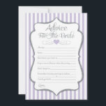 Beratung für das Brautparty Bride Lavender Lilac Hinweiskarte<br><div class="desc">Ratschläge für die Brautkarten in Lavendel und silbergrau. Diese elegante und lustige Brautberatung Dusche Sport-Lilie und weiße Streifen mit silbernen Imitat Glitzer Akzent und Silber Text.</div>