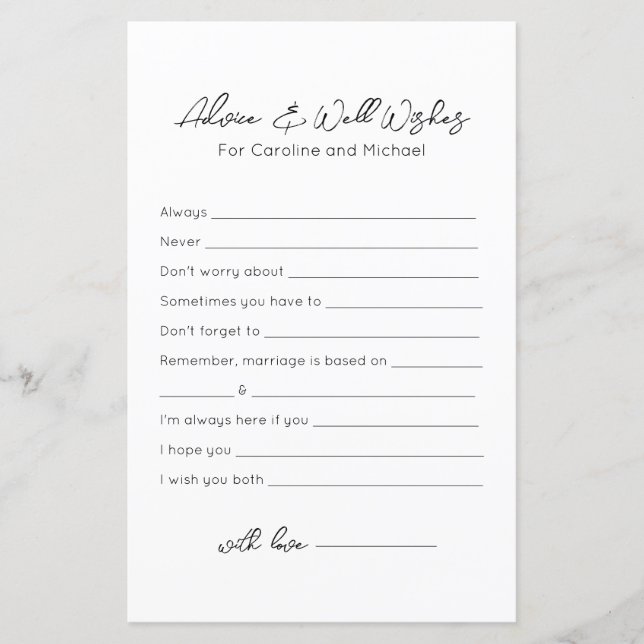 Beratung und gute Wünsche - Brautparty Game (Vorderseite)