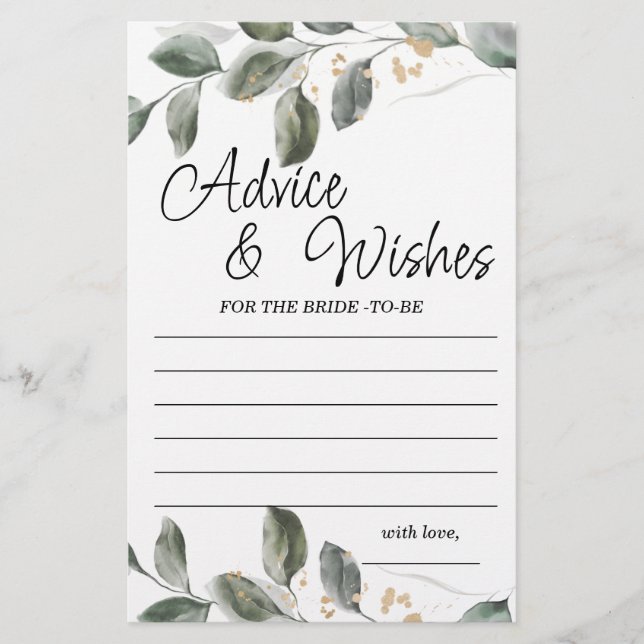 Beratung und Wünsche Grüne Brautparty Spiel (Vorderseite)