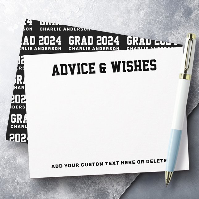 Beratung und Wünsche von Abschluss im Jahr Schwarz Mitteilungskarte (Graduation advice and wishes grad year black white note card)