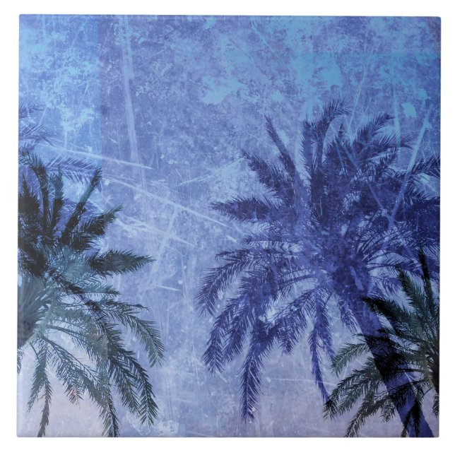 Bercelona Blue Palm Tree Grunge Digitale Kunst, De Fliese (Vorderseite)