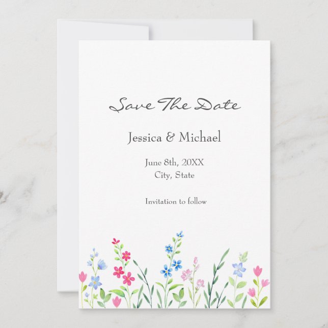 Bereich der gemischten Aquarellfarben-Wildblumen Save The Date (Vorderseite)