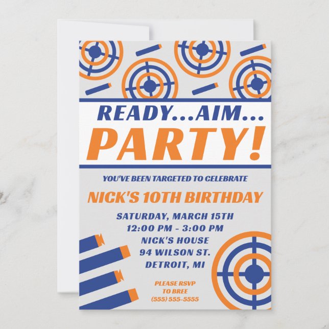 Bereit, Aim, Party! Nerf Gun Themed Birthday Party Einladung (Vorderseite)