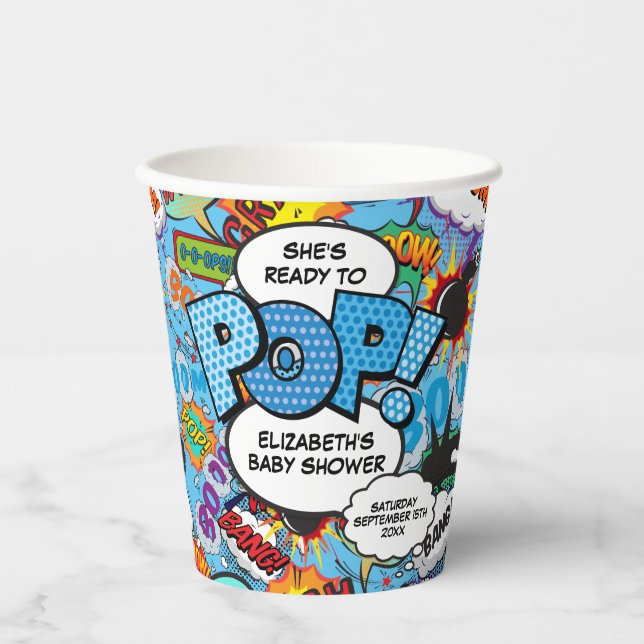 Bereit für Pop Baby Dusche Blue Comic Book Pappbecher (Vorderseite)