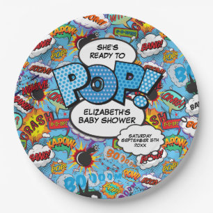 Bereit für Pop Baby Dusche Blue Comic Book Pappteller