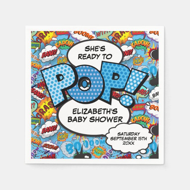 Bereit für Pop Baby Dusche Blue Comic Book Serviette (Vorderseite)