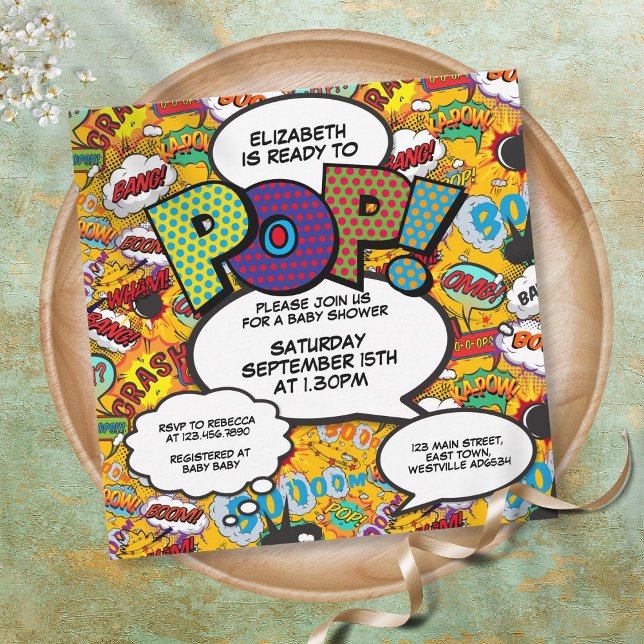 Bereit für Pop Babydusche Modernes Comic Buch Einladung (Von Creator hochgeladen)