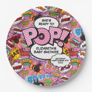 Bereit für Pop Babydusche Rosa Comic Buch Pappteller
