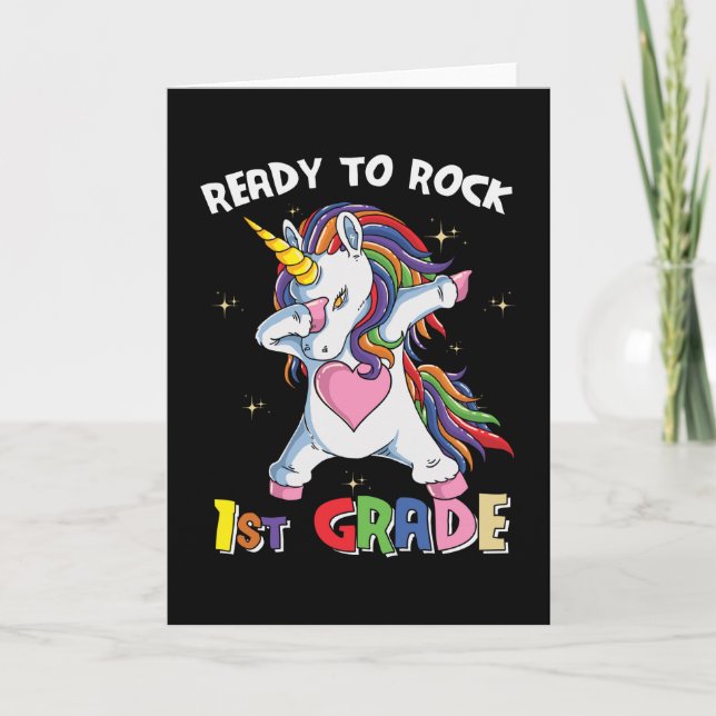 Bereit Rock First Grade Lehrer Kinder Unicorn Karte (Vorderseite)