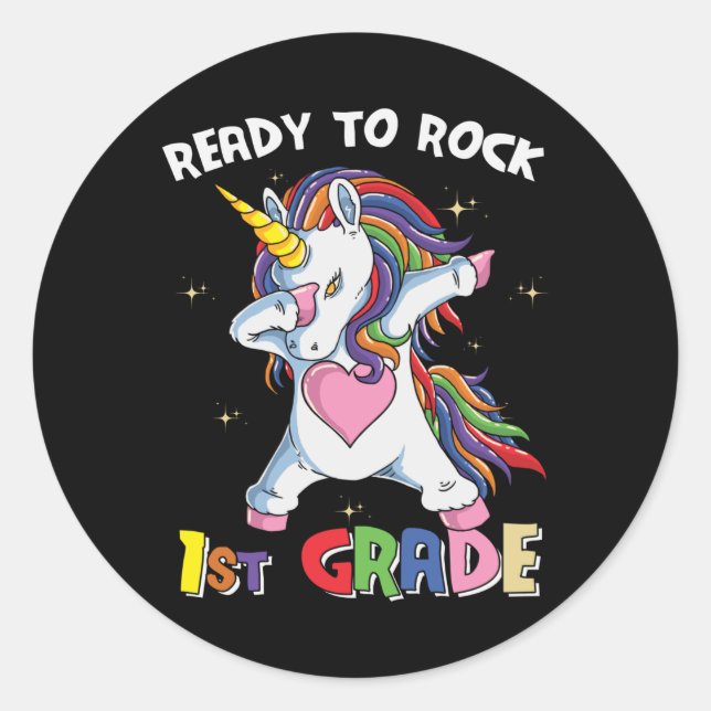 Bereit Rock First Grade Lehrer Kinder Unicorn Runder Aufkleber (Vorderseite)