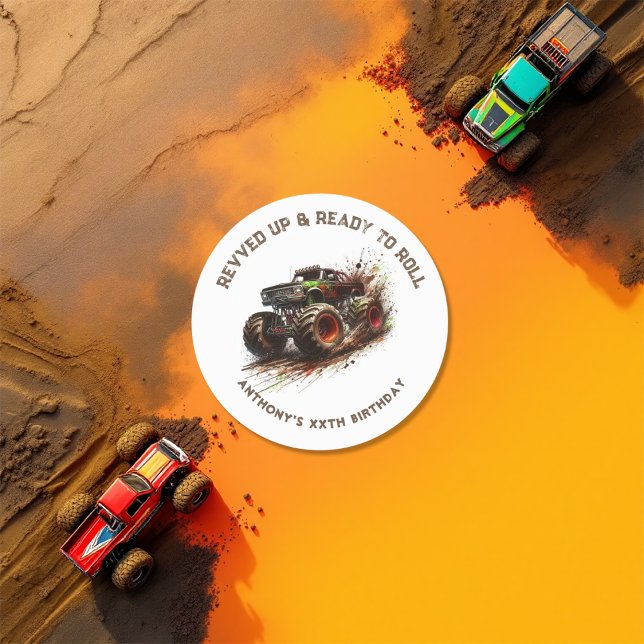 "Bereit und bereit zum Roll" Custom Monster Truck Runder Aufkleber (“Revved Up & Ready to Roll” Custom Monster Truck Classic Round Sticker)