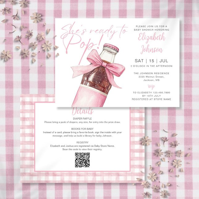 Bereit zum Platzen Rosa Limonadenflasche QR-Code B Einladung (Ready To Pop Pink Soda Bottle QR Code Baby Shower Invitation)