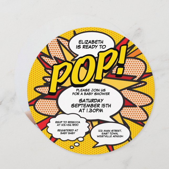 Bereit zum Pop Baby Dusche Foto Fun Retro Comic Einladung (Vorne/Hinten)