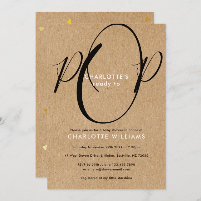 Bereit zum Pop Babydusche Chic Script Rustic Kraft Einladung (Vorne/Hinten)