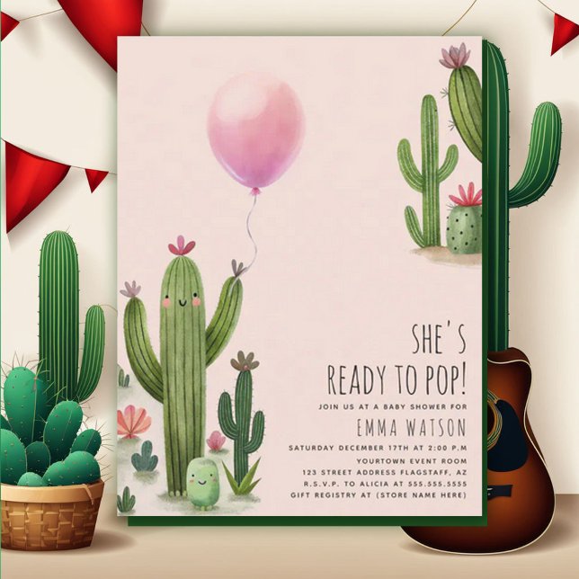 Bereit zum Pop Girl Balloon Cactus Green Baby Show Einladung (Von Creator hochgeladen)