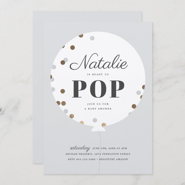 Bereit zum Pop Konfetti Ballon graue Babydusche Einladung (Vorne/Hinten)