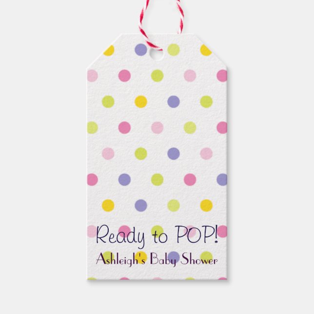 Bereit zum POP! Pastel Polka Dot Babydusche Geschenkanhänger (Vorderseite)