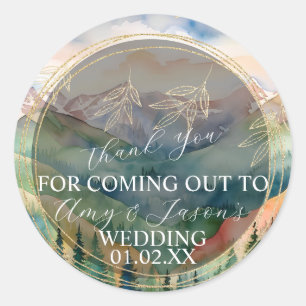 Berg-Aquarell-Landschaft Ziel Hochzeit Runder Aufkleber