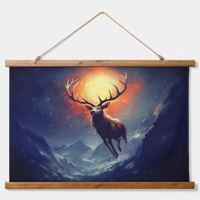 Berg-Buck, der aus dem Flammenfeuer läuft Wandteppich Mit Holzrahmen (Vorne)