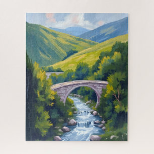 Berg Fluss Brücke Grüne Wasserfarbenlandschaft Puzzle